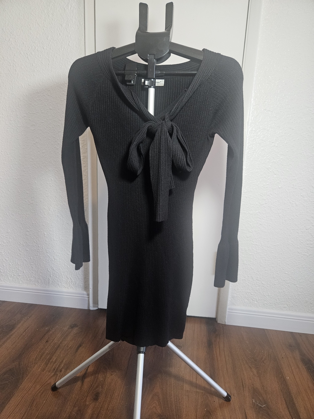 Black Tie-Front Rib Knit Dress
